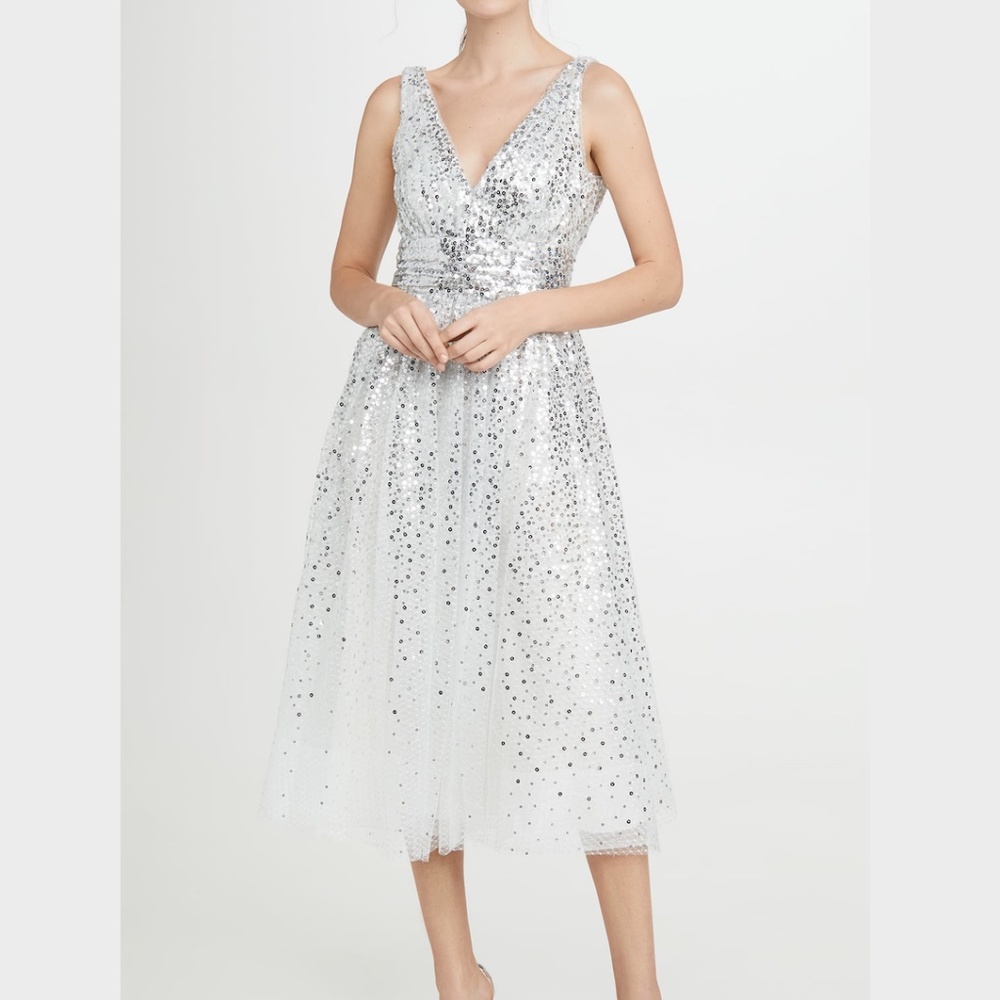 Marchessa Notte Sleeveless V-Neck Degrade White & Silver Sequin Gown